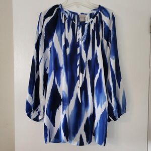 Chicos Blue White Abstract Watercolor Tie Neck Blouse XL 3 NWT 570288349